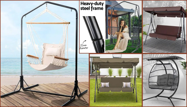 Fabric hammock chairs and garden swings with varied suspension arrangements