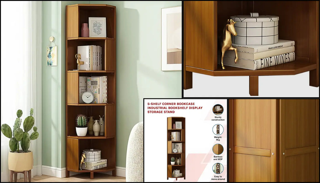 Industrial Corner Bookcase 5-Shelf Bookshelf Display