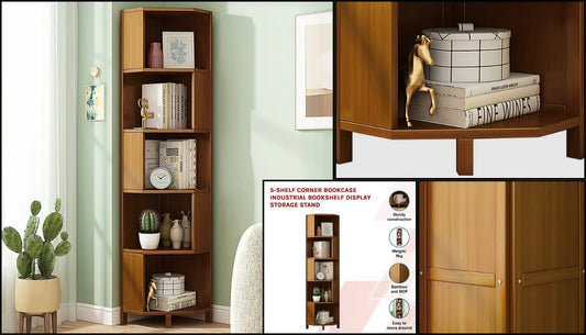 Industrial Corner Bookcase 5-Shelf Bookshelf Display