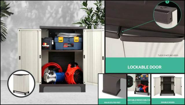 Outdoor cupboard with open doors and adjustable shelving