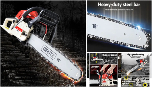 Petrol chainsaw with bar, chain and handle details