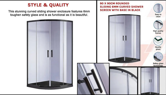 Shower Screen 90x90cm Rounded Sliding 6mm Curved with Base
