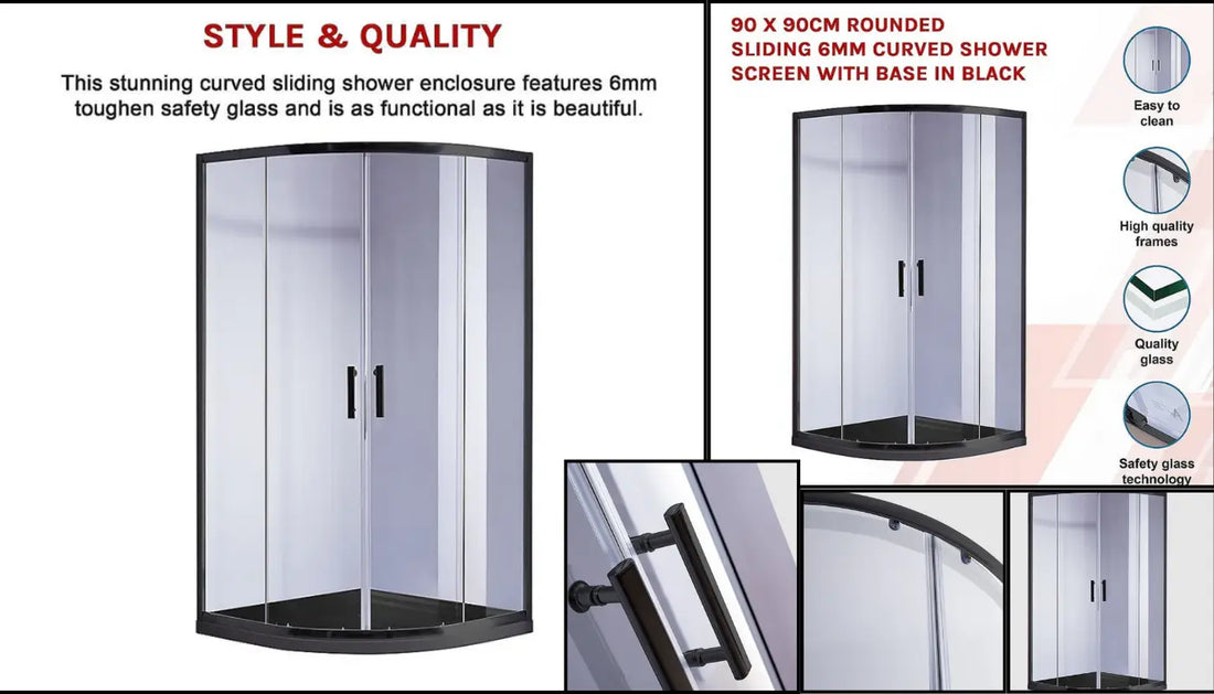 Shower Screen 90x90cm Rounded Sliding 6mm Curved with Base