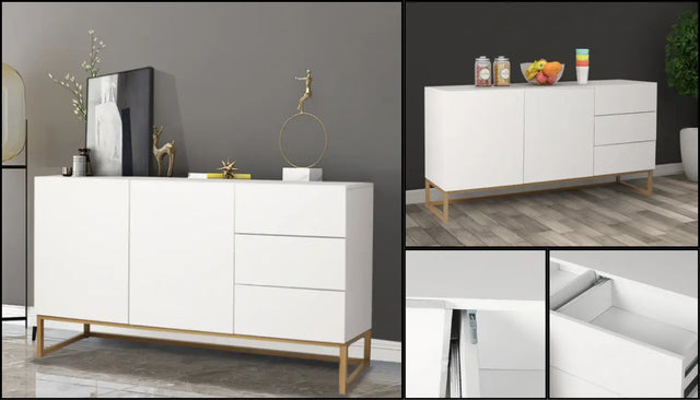White sideboard cabinet on a metal base