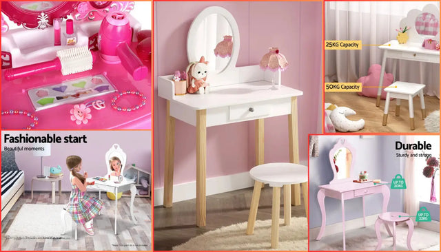 Compact dressing tables with mirrors and stools