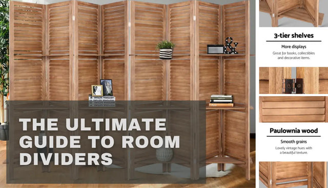 Timber slatted folding room divider with small display shelves