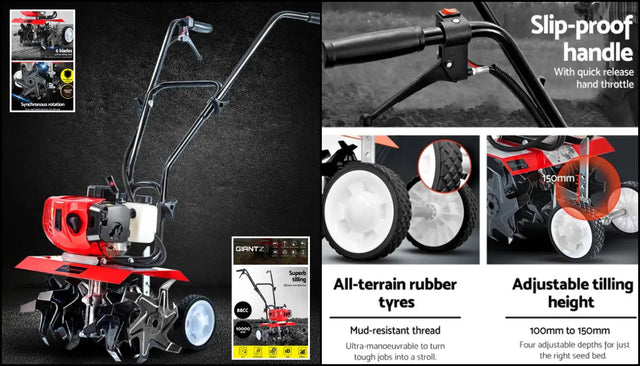 Red garden cultivator showing wheels, handle and tines