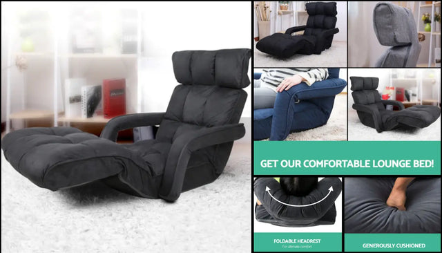 Dark padded reclining floor lounger with adjustable back