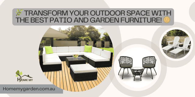 Outdoor seating and dining furniture shown in a garden collage