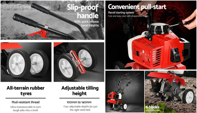 Red garden tiller showing tines, wheels and handles