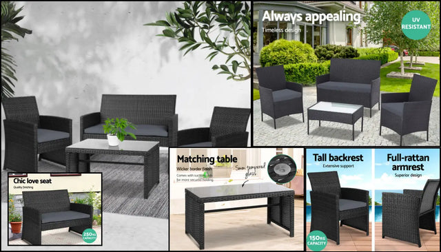 Dark wicker-style outdoor dining set with chairs and stools