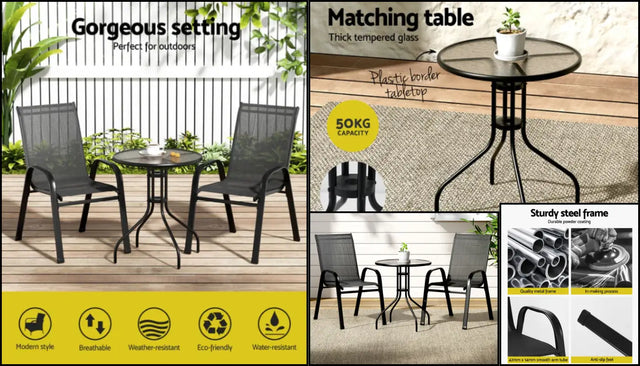 Black round bistro table with two matching chairs