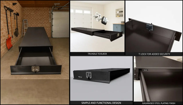 Black metal under-tray drawers shown open and closed