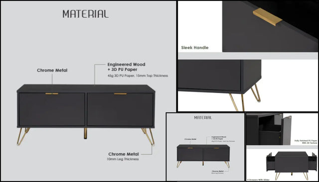Dark rectangular coffee table with construction diagrams