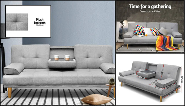 Grey three-seat sofa shown with a lowered backrest