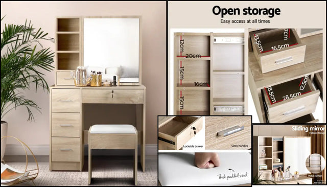 Dressing table with mirror, shelves and stool