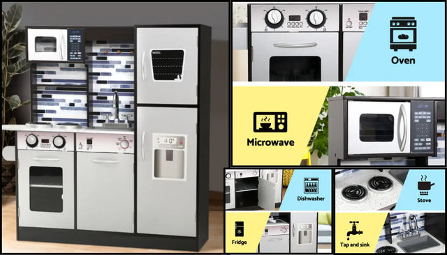 Children's play kitchen with pretend oven and cupboards