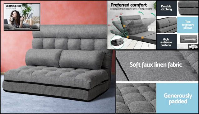 Grey sofa bed with upholstered cushions and product detail views