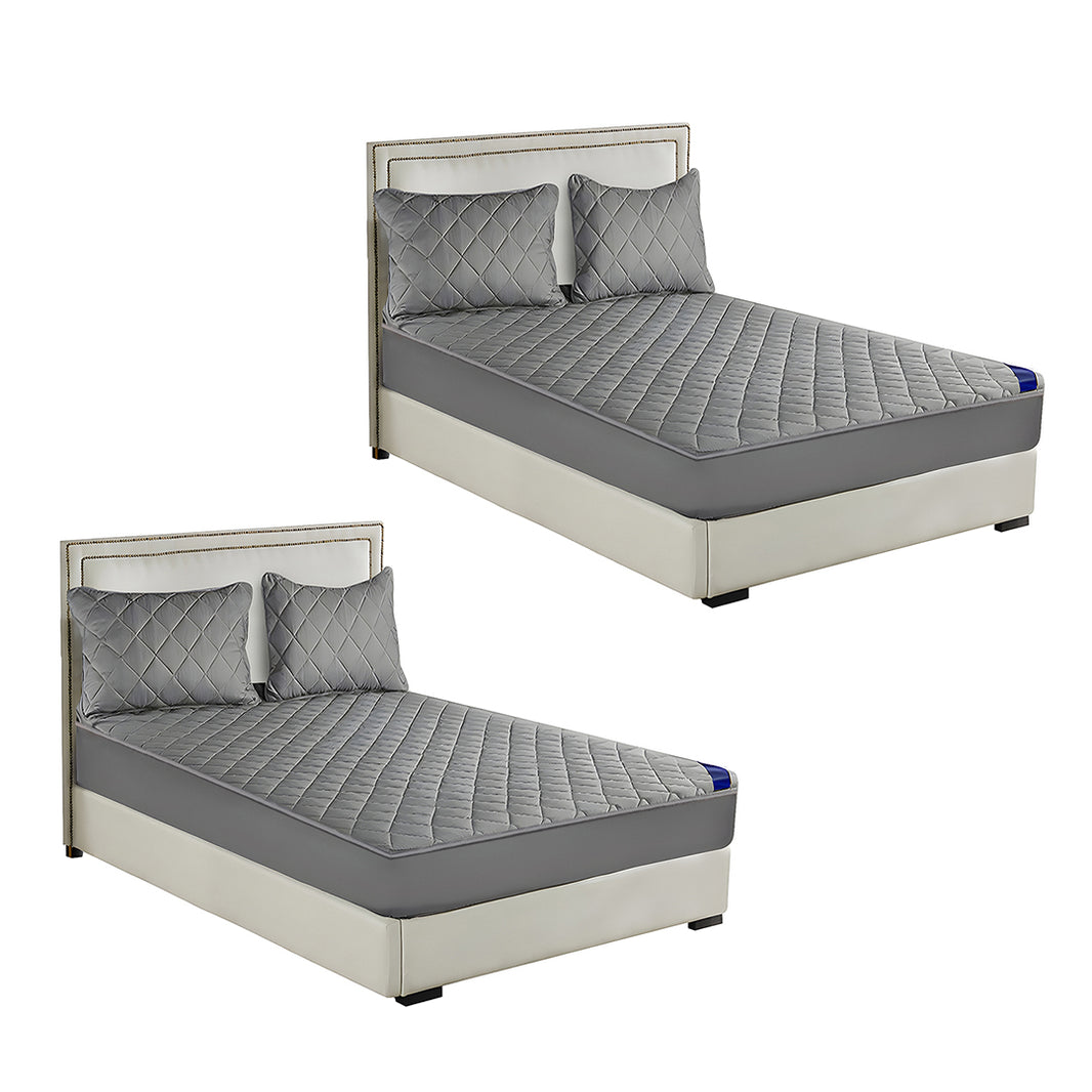 SOGA 2X Grey 138cm Wide Cross-Hatch Mattress Cover Thick Quilted Stretchable Bed Spread Sheet Protector with Pillow Covers