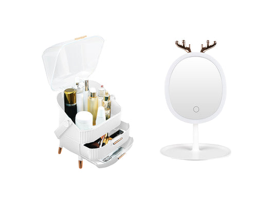 SOGA White Cosmetic Jewelry Storage Organiser with Antler LED Light Mirror Tabletop Vanity Set