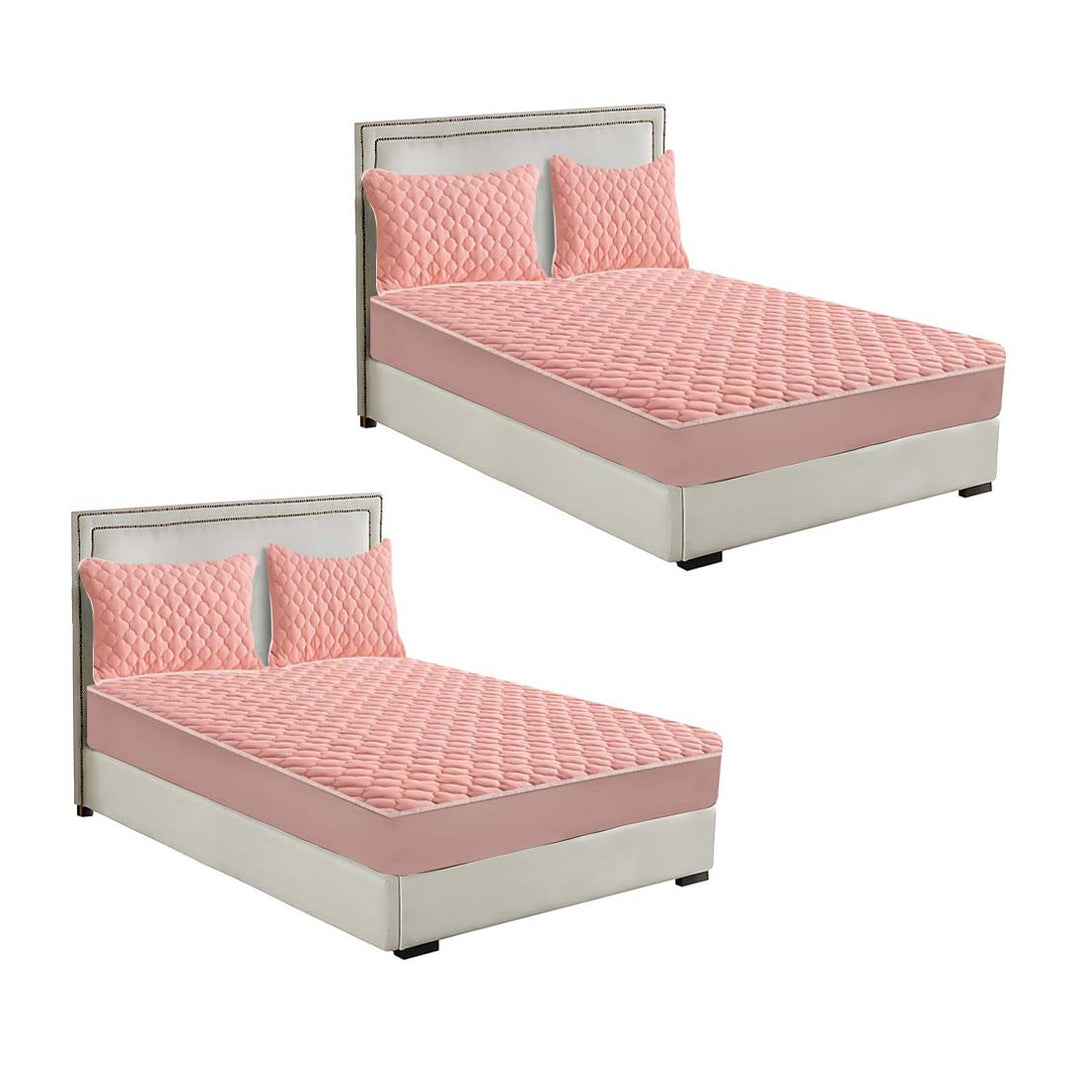SOGA 2X Pink 183cm Wide Mattress Cover Thick Quilted Fleece Stretchable Clover Design Bed Spread Sheet Protector with Pillow Covers