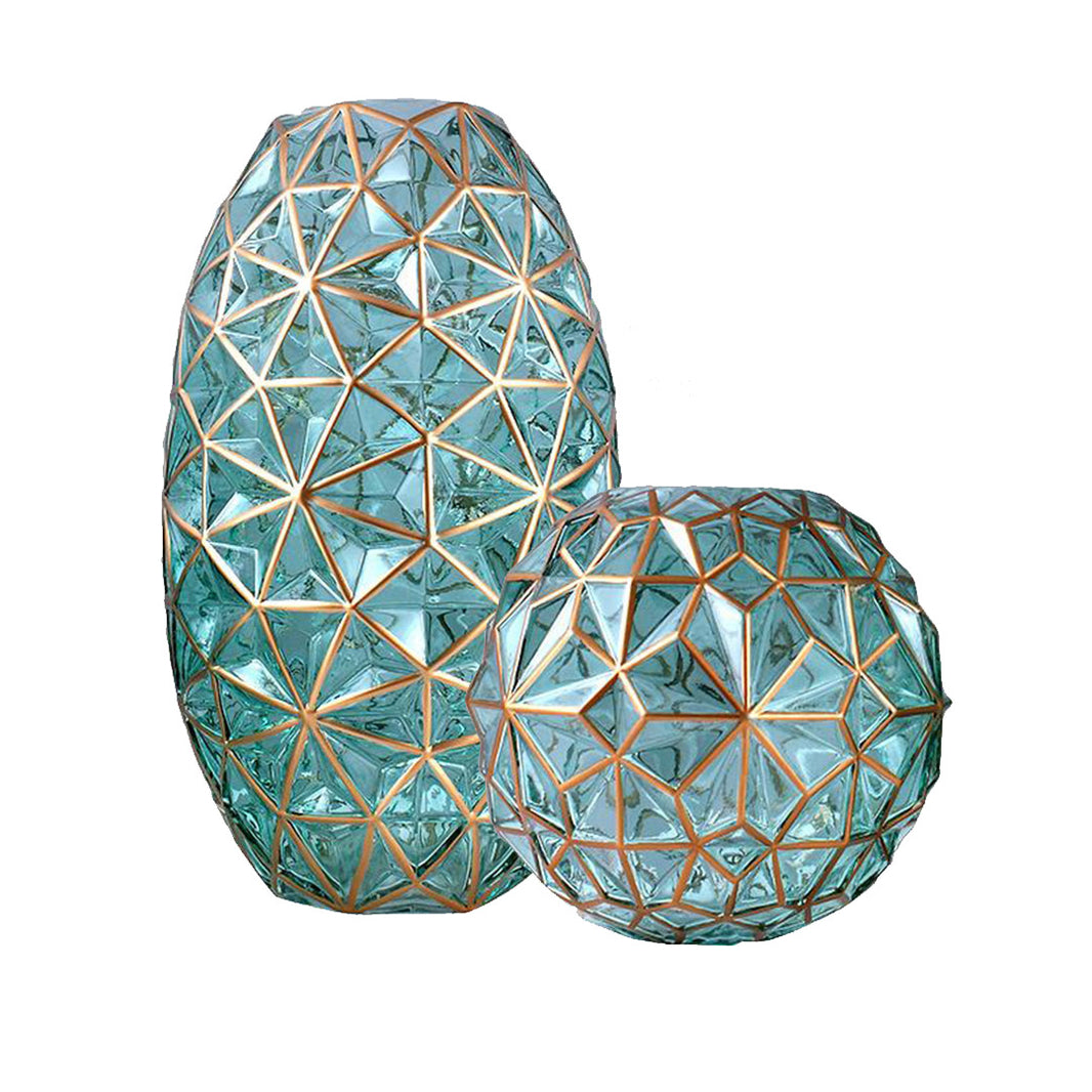 SOGA Green Colored Diamond Cut Glass Flower Vase Round Jar Home Decor with Gold Accent Large and Medium Set