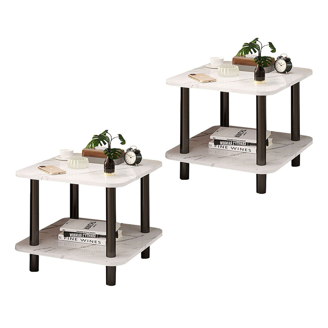 SOGA 2X 60cm White Ceramic Side Table Stone Pattern Modern Design with Metal Legs