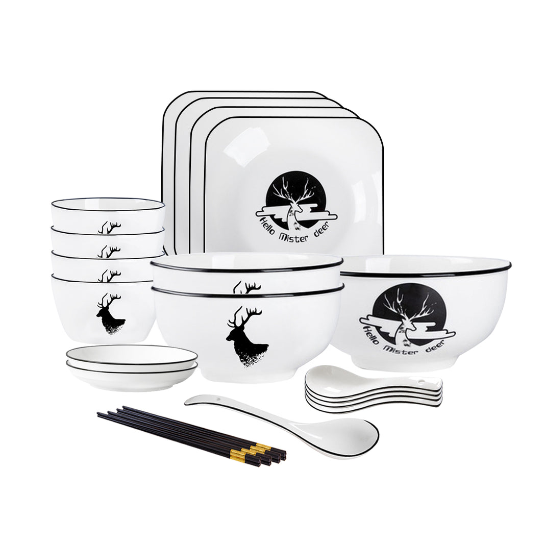 SOGA White Antler Printed Ceramic Dinnerware Set Crockery Soup Bowl Plate Server Kitchen Home Decor Set of 13