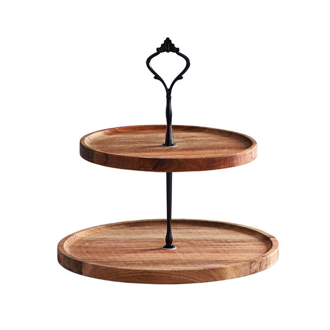 SOGA 20cm 2 Tier Brown Round Wooden Acacia Dessert Tray Cake Snacks Cupcake Stand Buffet Serving Countertop Decor