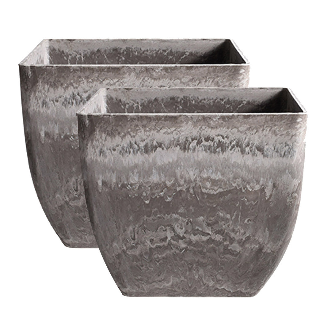 Pair of grey square SOGA plant pots with a mottled stone-effect finish