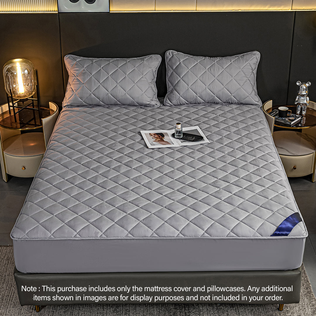SOGA 2X Grey 138cm Wide Cross-Hatch Mattress Cover Thick Quilted Stretchable Bed Spread Sheet Protector with Pillow Covers