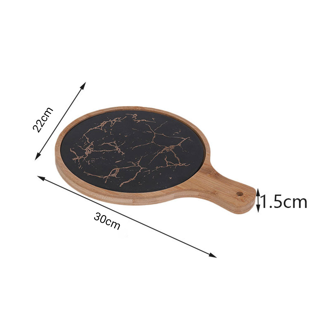 SOGA 2X 30cm Black Circle Wooden Serving Tray Slate Steak Serving Platter Chopping Board Paddle Home Decor