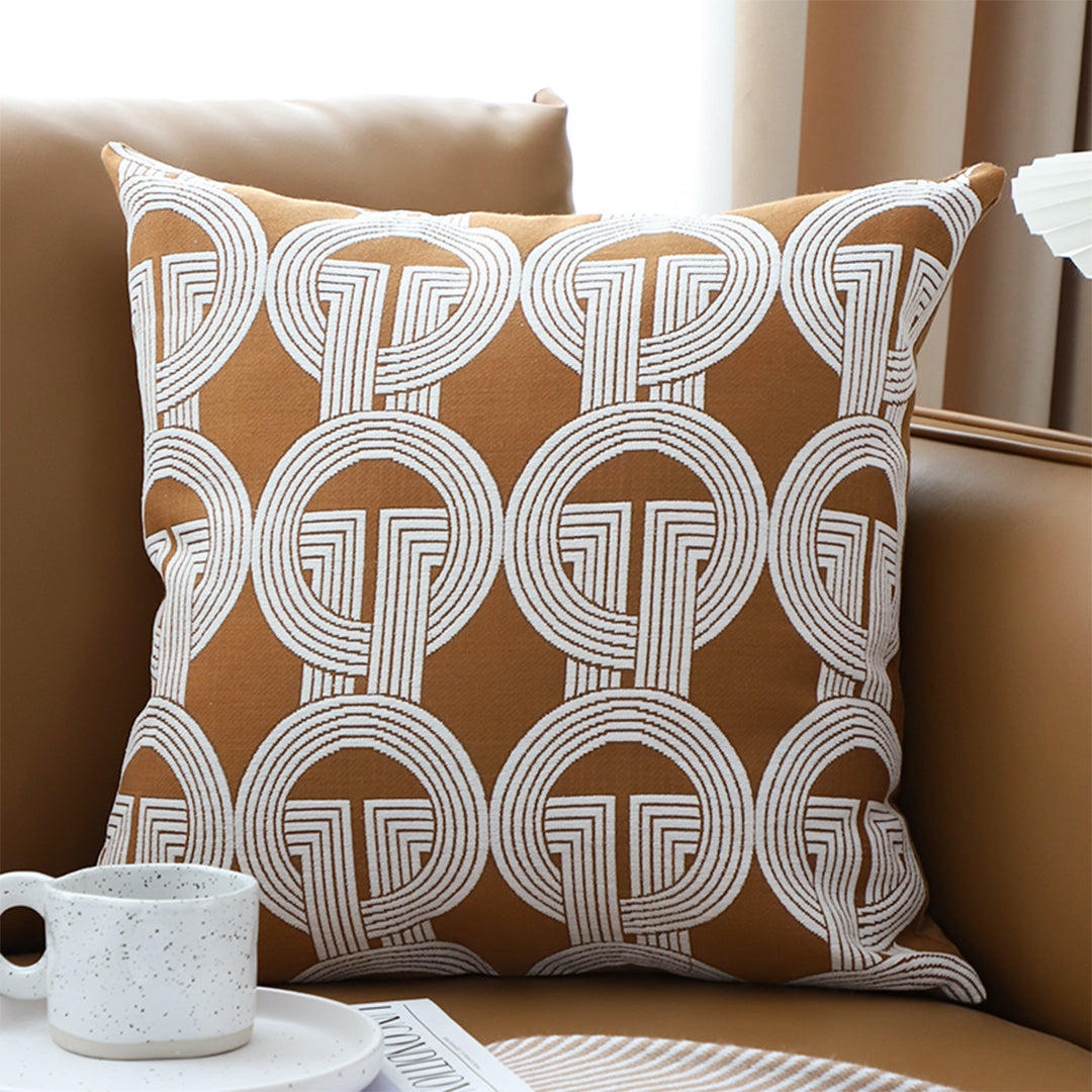 SOGA 50cm Throw Pillow Brown Circular Chain Jacquard Decorative Square for Home Decor