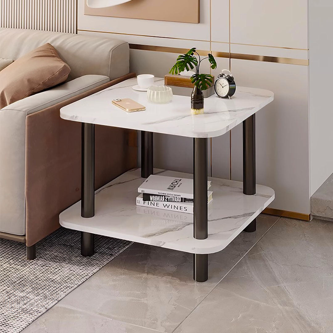 SOGA 2X 60cm White Ceramic Side Table Stone Pattern Modern Design with Metal Legs