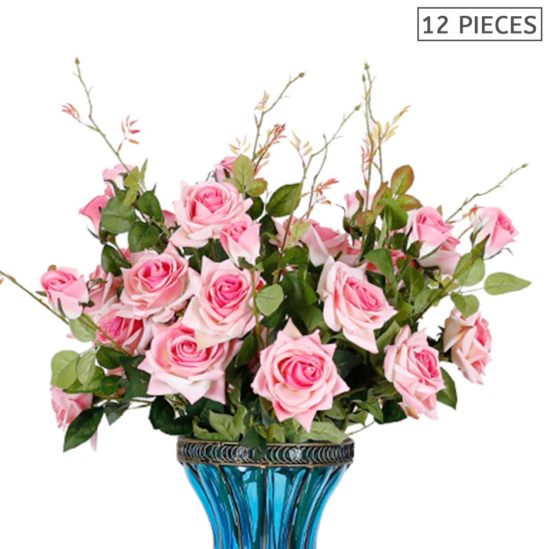 SOGA 12pcs Artificial Silk Flower Fake Rose Bouquet Table Decor Pink