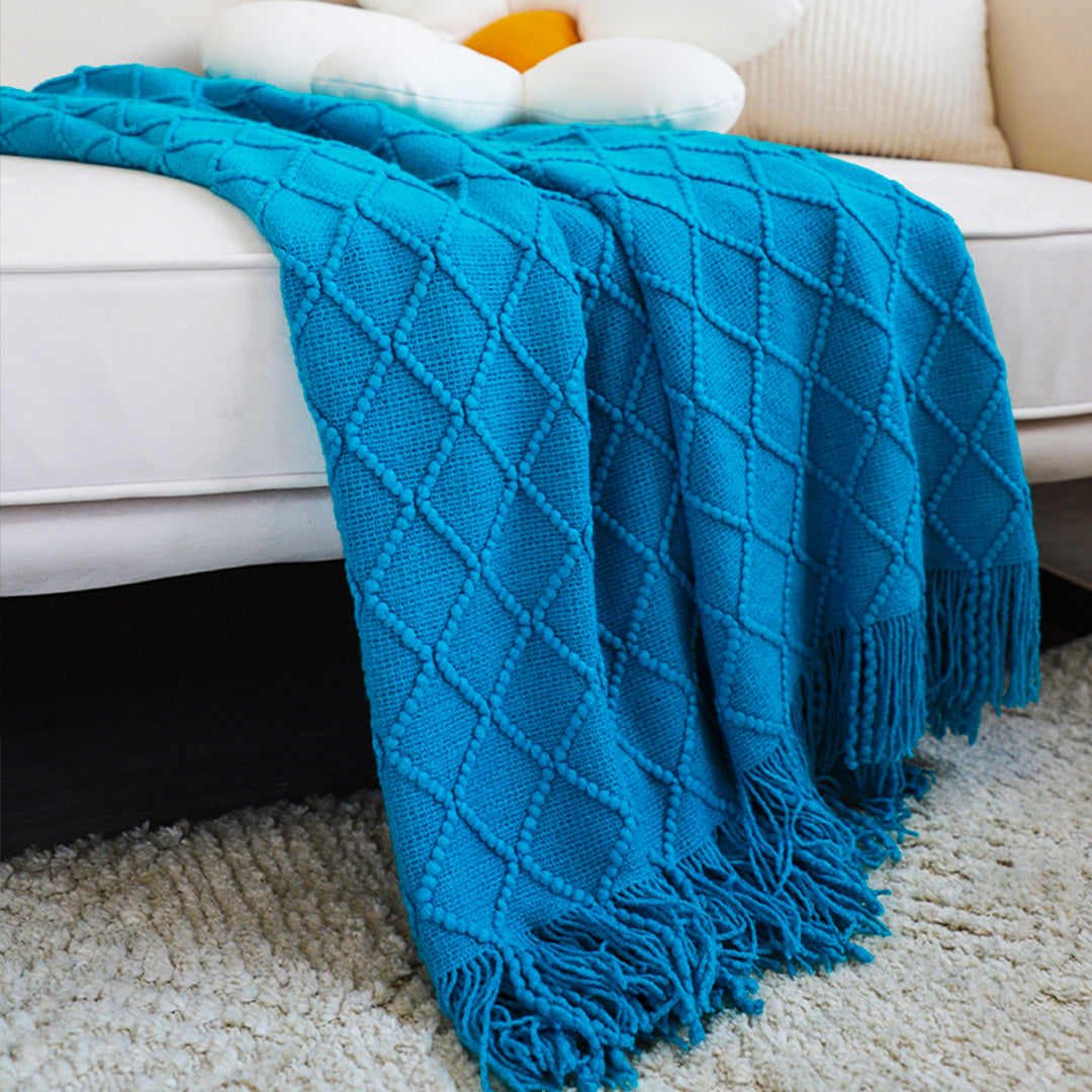 SOGA 2X Blue Diamond Pattern Knitted Throw Blanket Warm Cozy Woven Cover Couch Bed Sofa Home Decor with Tassels
