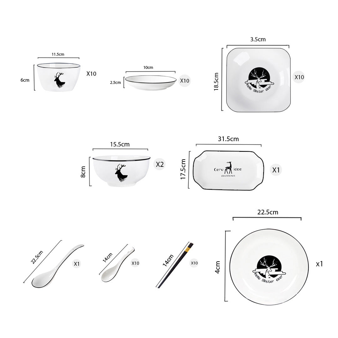 SOGA White Antler Printed Ceramic Dinnerware Set Crockery Soup Bowl Plate Server Kitchen Home Decor Set of 34