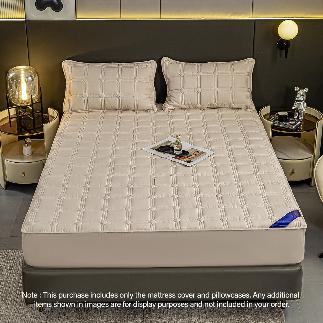 SOGA 2X Beige 183cm Wide Mattress Cover Thick Quilted Stretchable Bed Spread Sheet Protector with Pillow Covers