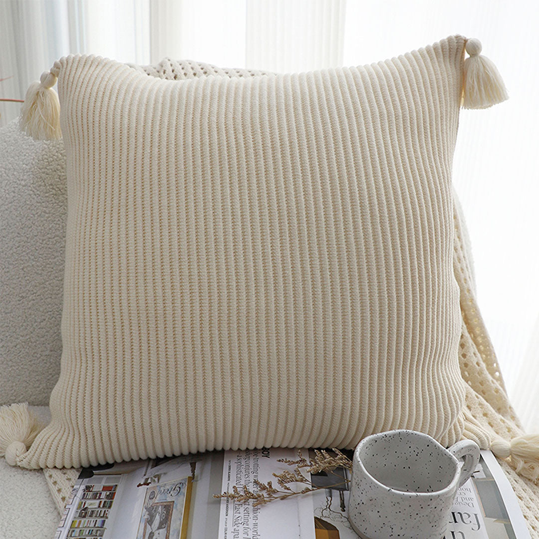 SOGA 45cm Khaki Wabi-Sabi Thickened Cotton Tassel Square Throw Pillow