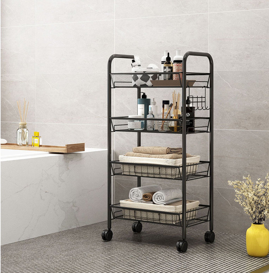 SOGA 2X 4 Tier Steel Black Bee Mesh Kitchen Cart Multi-Functional Shelves Portable Storage Organizer with Wheels