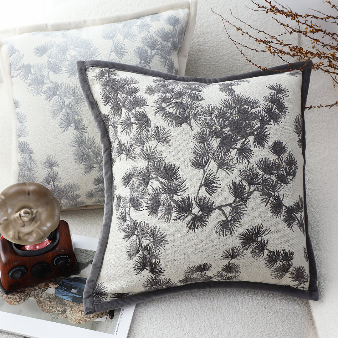 SOGA 45cm Throw Pillow Off White Wide Border with Branch and Pine Needle Design Pattern Home Decor