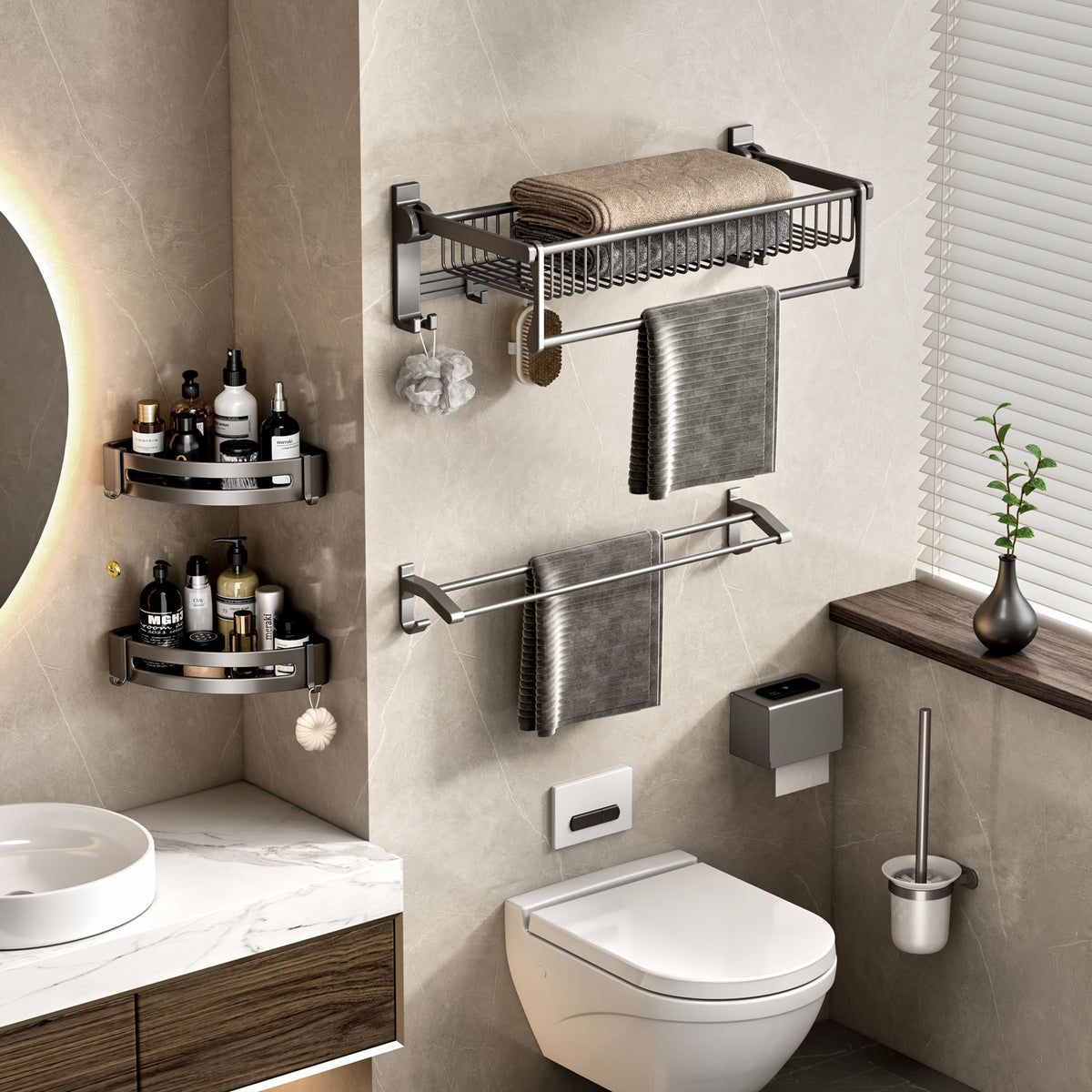 SOGA 50cm Wall-Mounted Double Pole Towel Holder Bathroom Organiser Rail Hanger with Hooks