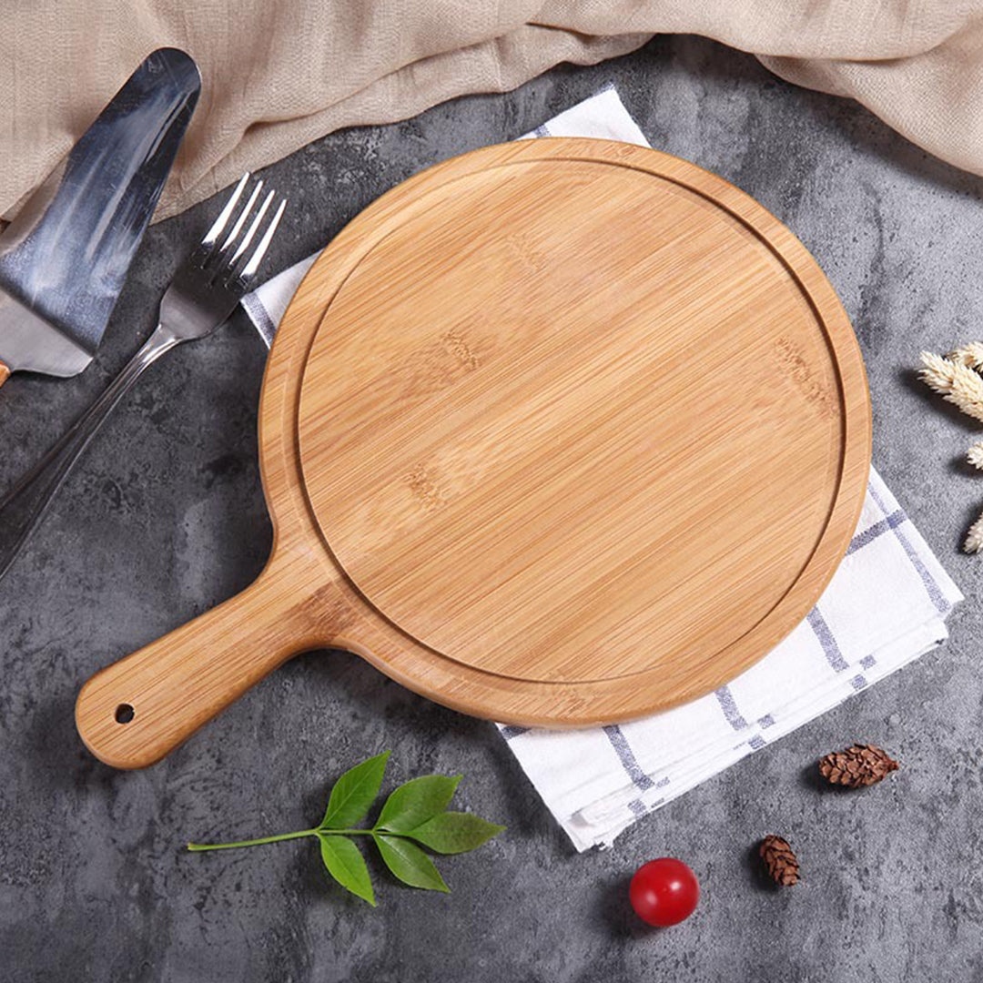 SOGA 2X 6inch Blonde Round Premium Wooden Serving Tray Board Paddle with Handle Home Decor