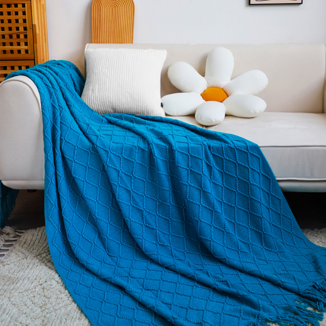 SOGA 2X Blue Diamond Pattern Knitted Throw Blanket Warm Cozy Woven Cover Couch Bed Sofa Home Decor with Tassels