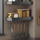 SOGA 40cm Black Wall-Mounted Rectangular Kitchen Spice Storage Organiser Space Saving Condiments Shelf Rack with Hooks