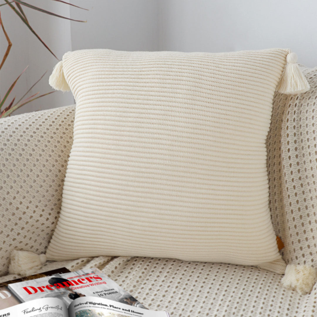 SOGA 45cm Khaki Wabi-Sabi Thickened Cotton Tassel Square Throw Pillow