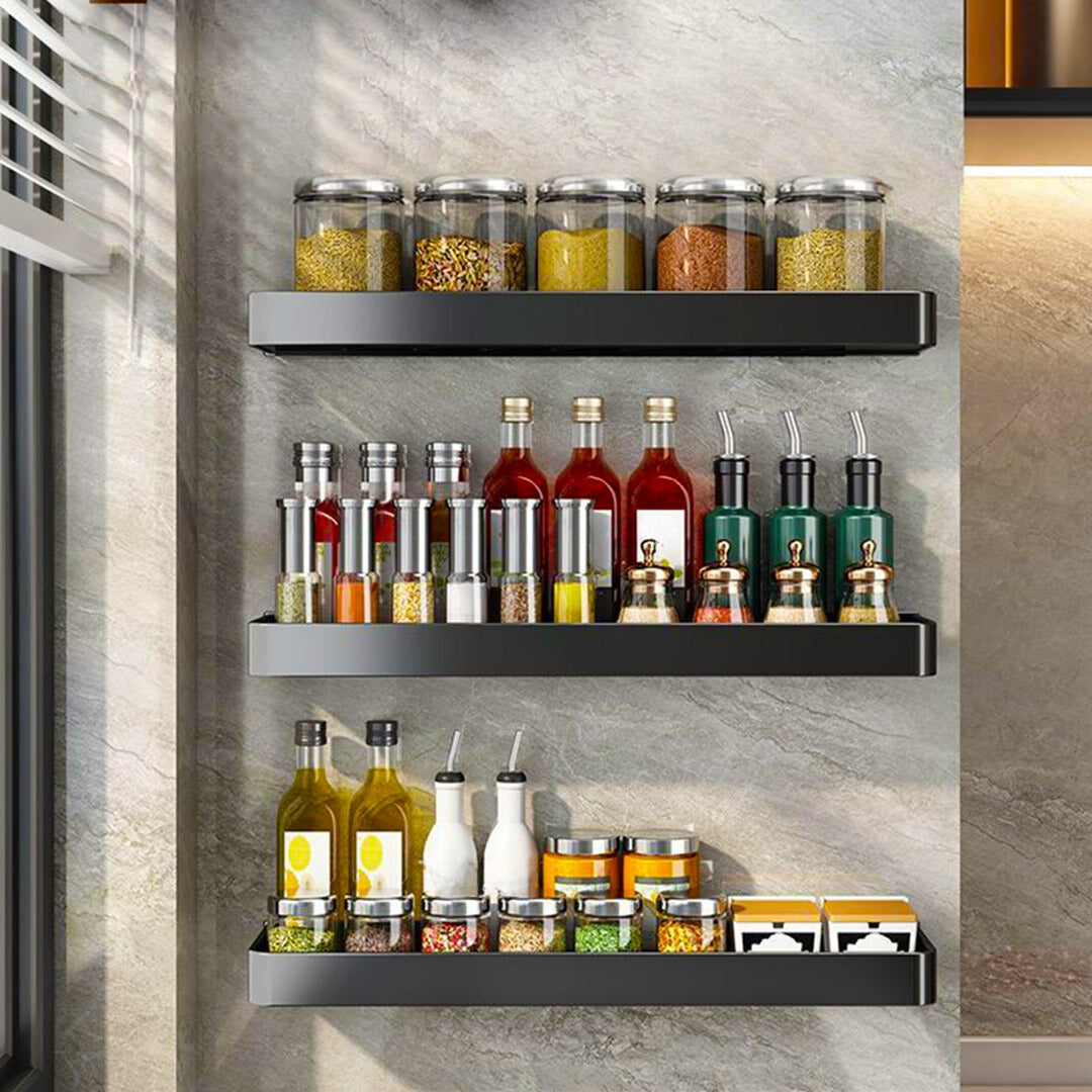 SOGA 30cm Black Wall-Mounted Rectangular Kitchen Spice Storage Organiser Space Saving Condiments Shelf Rack
