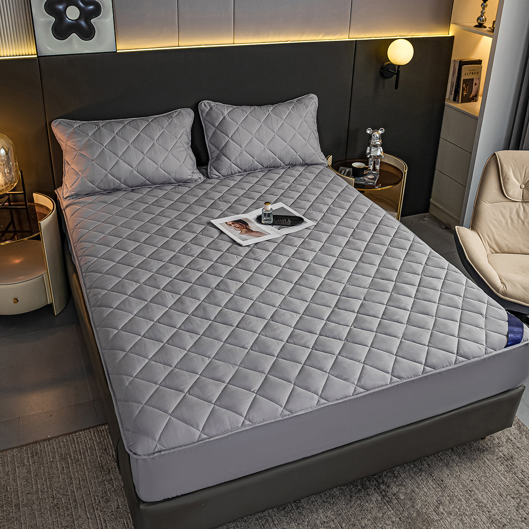 SOGA 2X Grey 138cm Wide Cross-Hatch Mattress Cover Thick Quilted Stretchable Bed Spread Sheet Protector with Pillow Covers