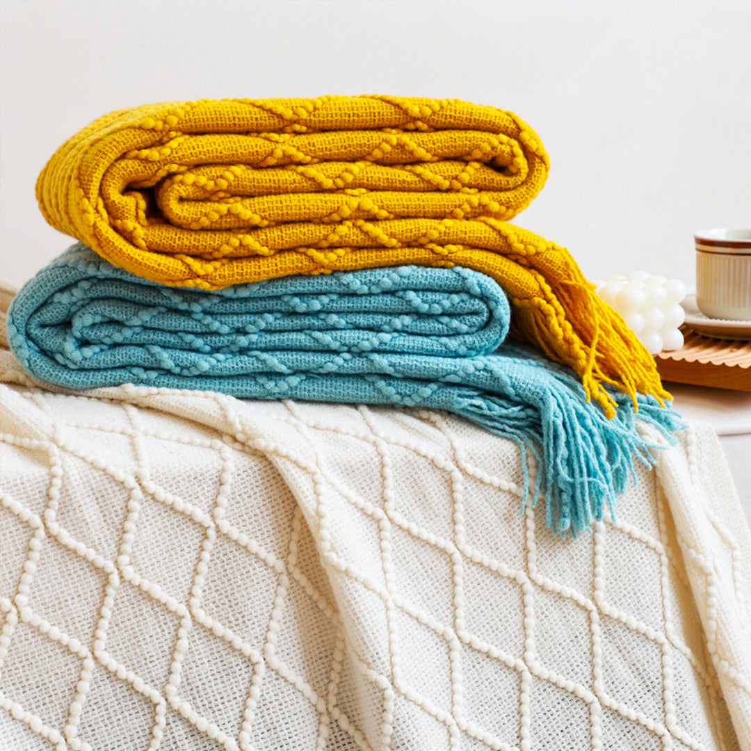 SOGA Yellow Diamond Pattern Knitted Throw Blanket Warm Cozy Woven Cover Couch Bed Sofa Home Decor with Tassels