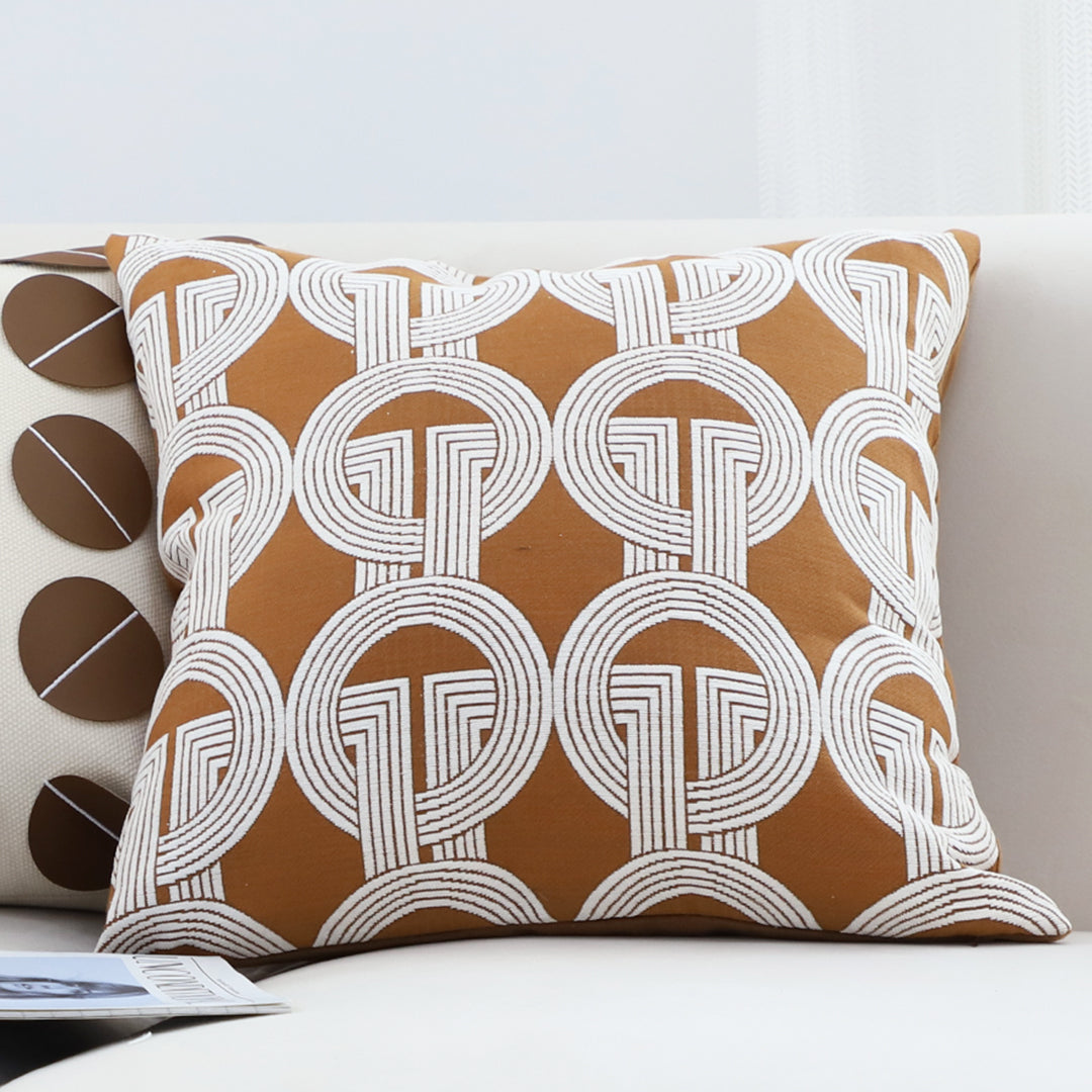 SOGA 50cm Throw Pillow Brown Circular Chain Jacquard Decorative Square for Home Decor